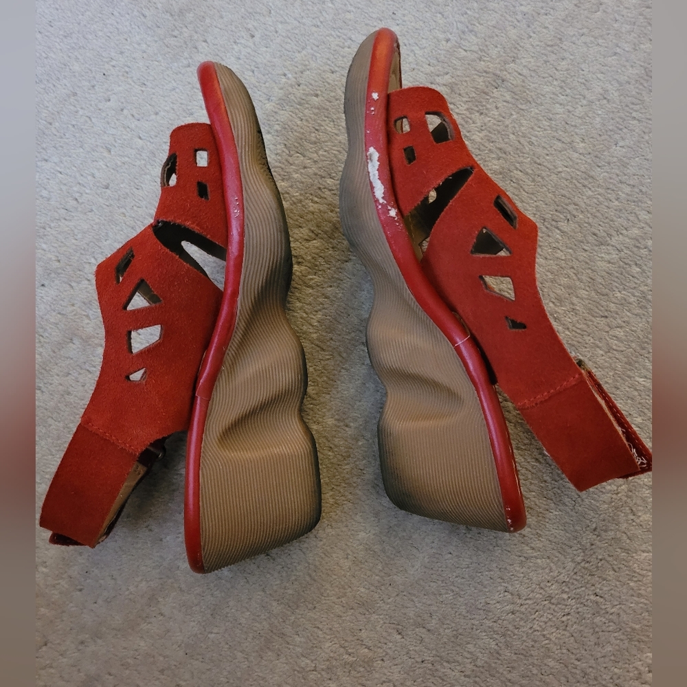 Size 7 - red suede wedge sandals - some signs of wear